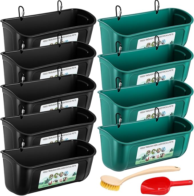 9 Pack Chicken Duck Feeder Waterer Hanging Goat Feeder Trough 2.5 Quart Livestock Feeding Trough with Scoop & Brush for Pig, Poultry, Fence Feeding, 22.5 Quart Total (Green,Black)