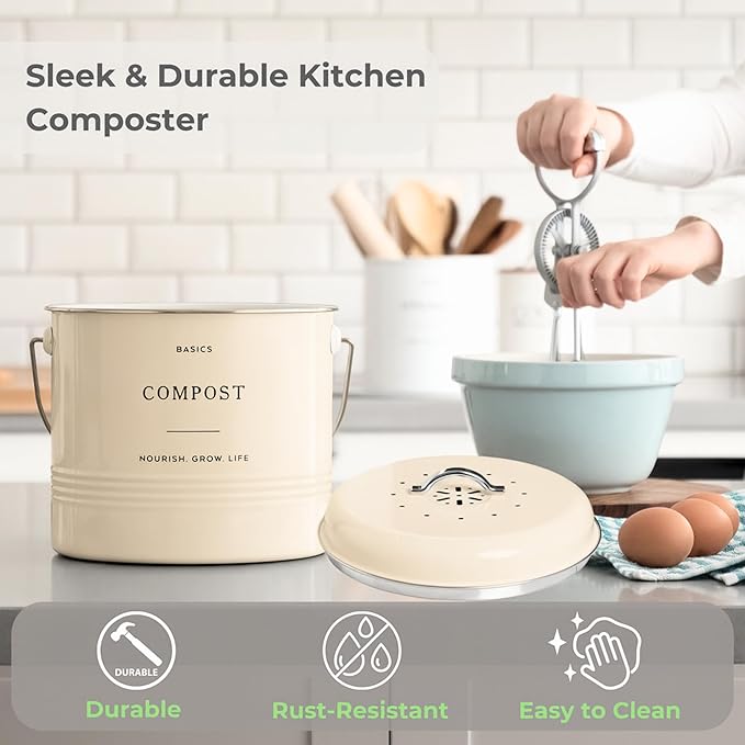 D'Lifeful Kitchen Compost Bin – 1.3 Gallon Countertop Farmhouse Compost Container with Lid – Odorless Indoor Food Scrap Pail with 6 Charcoal Filters – Eco-Conscious and Easy to Clean - Cream
