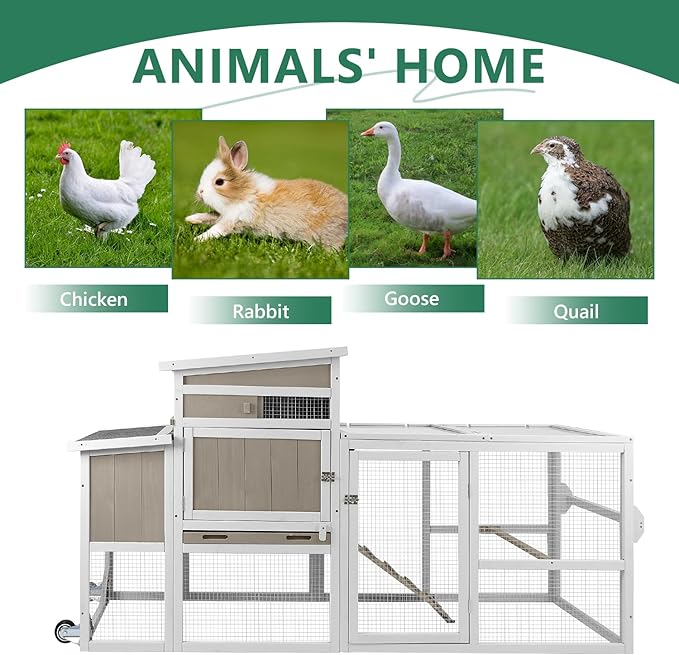 79"L Large Chicken Coop with Run, Mobile Hen Chicken House with Wheels, Nesting Boxes, UV-Resistant Roof, Indoor Outdoor Rabbit Hutch Poultry Cage for Chickens Duck Bunny with Removable Tray and Ramp