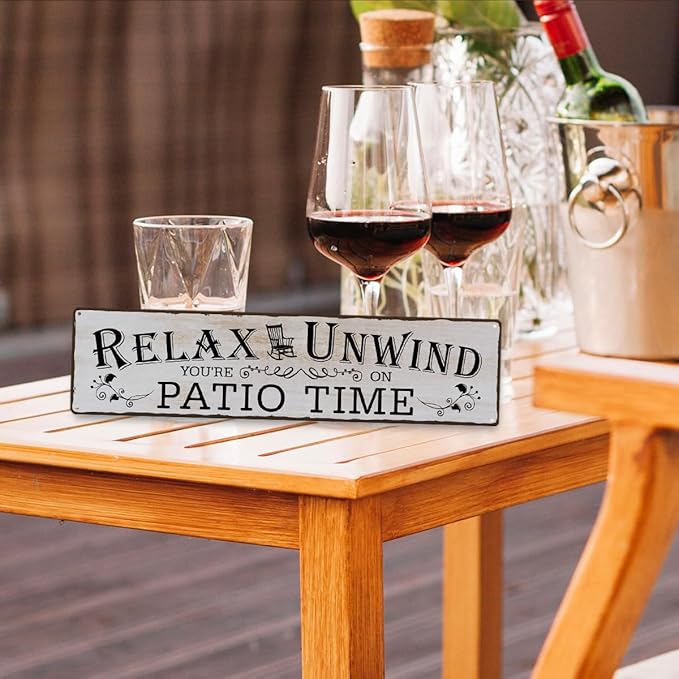 Rustic Farmhouse Metal Wall Art Sign, “Relax Unwind You’re on Patio Time” Vintage Tin for Porch, Deck, Garden or Sunroom, Outdoor/Indoor Patio Decor, 15.8 x 4 Inch