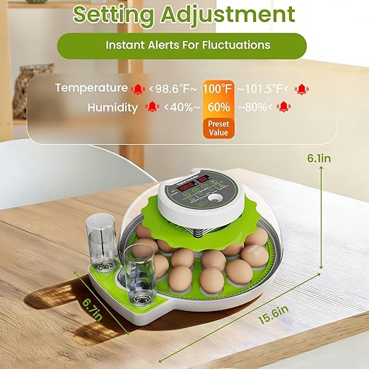 18-Egg Incubator with Automatic Egg Turning & Humidity Control, HD Panoramic View, Built-in Candler for Hatching Chicken, Duck, Quail Eggs Farms, Science Labs, Classroom, Home Use