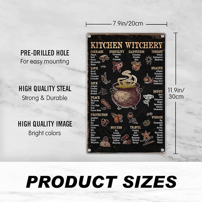 Kitchen Witchery Herbs Meaning Chart Metal Sign Witchcraft Cauldron Illustration Home Witch Decor Spiritual Rustic Wall Decoration 8 x 12 Inch Outdoor Indoor Aluminum