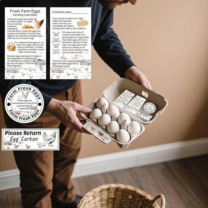1400 Pcs Egg Stickers Kit for Farm Fresh Eggs 200 Egg Handling Instructions Stickers 600 Farm Fresh Eggs Stickers 600 Please Return Egg Carton Stickers for Egg Sellers Farmers Market Local Egg Dealer