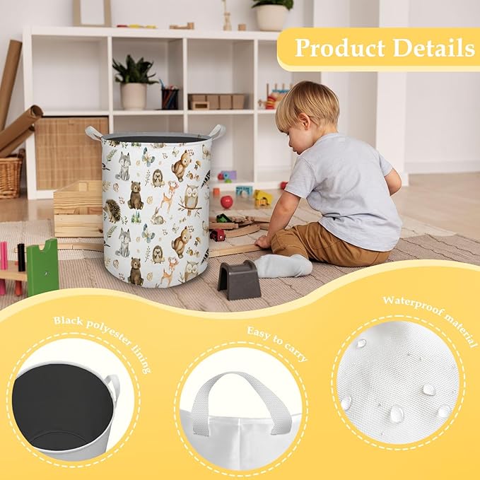 Baby Nursery Laundry Basket, Toybox for Boys Girls Room, Forest Animal Laundry Basket Hamper Waterproof Collapsible Clothes Toys Storage Bin Organizer for Kids Room Playroom Bedroom Bathroom