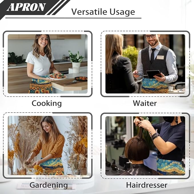 Waist Apron with 3 Pockets Waterproof 13 Inch Short Half Waist Aprons Women Men Server Aprons Waitress Waiter Apron