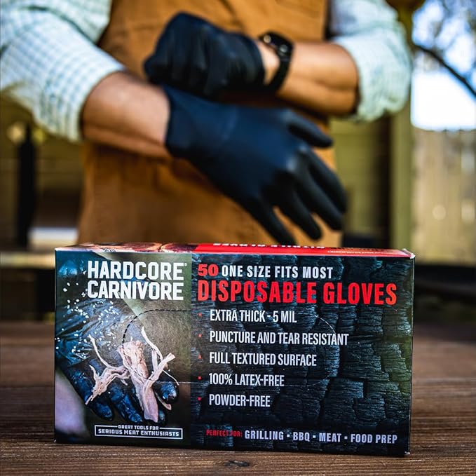 Hardcore Carnivore Disposable Nitrile Gloves (50 ct, 5 MIL) Extra Thick, Textured, Food Safe, Latex and Powder -Free, Black, Tear Resistant