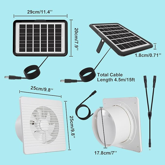 8 Inch Solar Powered Exhaust Fan, with 25W14ft Cable Dual Solar Panels, Working on Cloudy Days, Quiet Solar Fan for Ventilation&Air Circulation Cooling in Greenhouse, Pet House, Chicken Coop, Garage