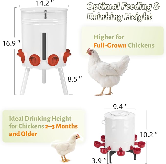 KOL 50 LB Chicken Feeder & 5 Gallon Chicken Waterer Set, All-Metal No-Waste Poultry Feeder & Automatic Gravity Waterer with 8 Ports & 8 Cups Chicken Coop Accessories