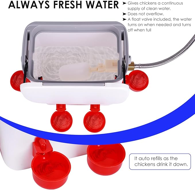 Automatic Chicken Waterer with Float Valve Kit Hose Attachment and 4 Poultry Water Cups, Duck Chicken Water Feeder Poultry Waterer (2 Gallons)