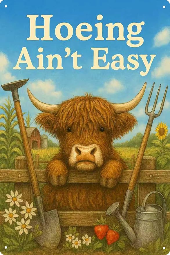 “Hoeing Ain’t Easy” Garden Sign, Funny Highland Cow Metal Yard Signs for Outside, Shed Decorations Outdoor for Patio, Kitchen – Cool Gifts for Garden Lovers Weatherproof Farm Humor Plaque - 8x12 Inch