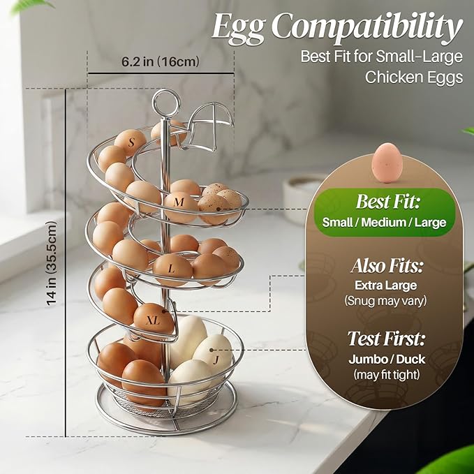 Flexzion Spiral Egg Rack for Fresh Eggs - Sturdy Silver Metal Egg Skelter Countertop Egg Holder with Bottom Basket and 360-Degree Rotatable Middle Pole Up to 36-Egg Capacity, Egg Storage Rack Solution