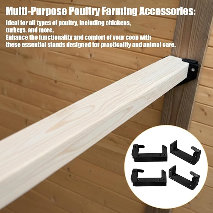 Heavy Duty Poultry Roost Bar Mount Brackets (4Pack) Includes Screws for Chicken Coops & Turkey Houses Easy Install/Remove Perch Holder for 2x4 Flat Lumber Durable Black Design (4Pcs 2x4)