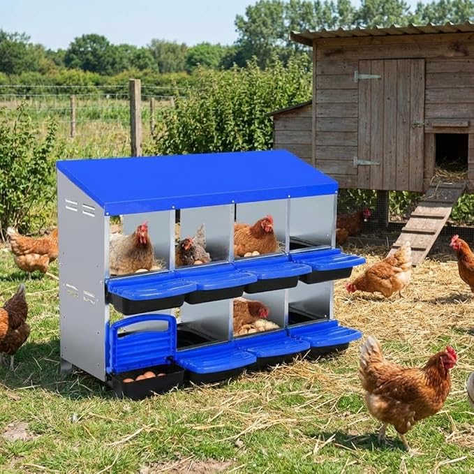 Chicken Nesting Box 8-Hole Roll Away Egg Laying Box with Lid, Galvanized Steel Rustproof Poultry Coop Box, Easy Clean, Wall Mountable No Bracket Needed for Hens, Blue