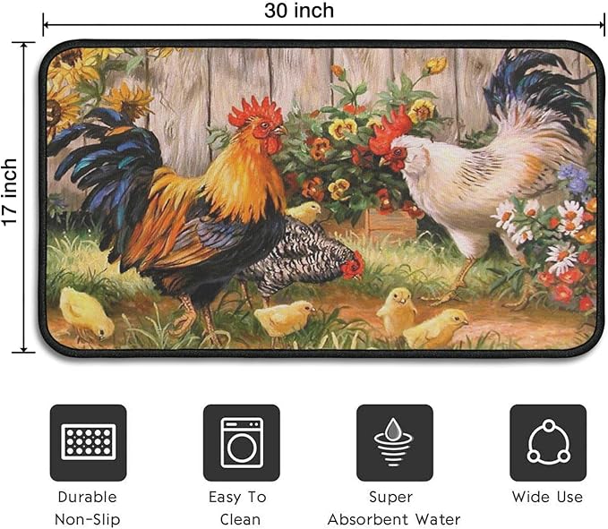 Roszwtit Farmhouse Kitchen Rugs and Mats, Farm Rooster Door Mat, Seasonal Washable Non-Slip Floor Mats for Home Kitchen Decor 30x17 Inch