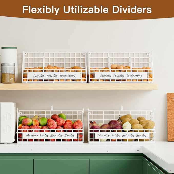 Egg Holder Countertop with 5 Dividers & Labels, 2 Tier Stackable Chicken Egg Baskets for Gathering Fresh Eggs, Egg Organizer for Countertop/Wall-Mounted, White