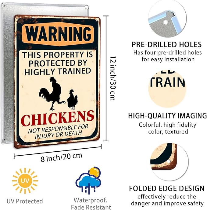 Warning This Property Is Protected By Highly Trained Chickens Metal Tin Sign Funny Farmhouse Security Warning Sign Vintage Metal Wall Decor Novelty Farmhouse Chicken Coop Decor 8x12 Inch