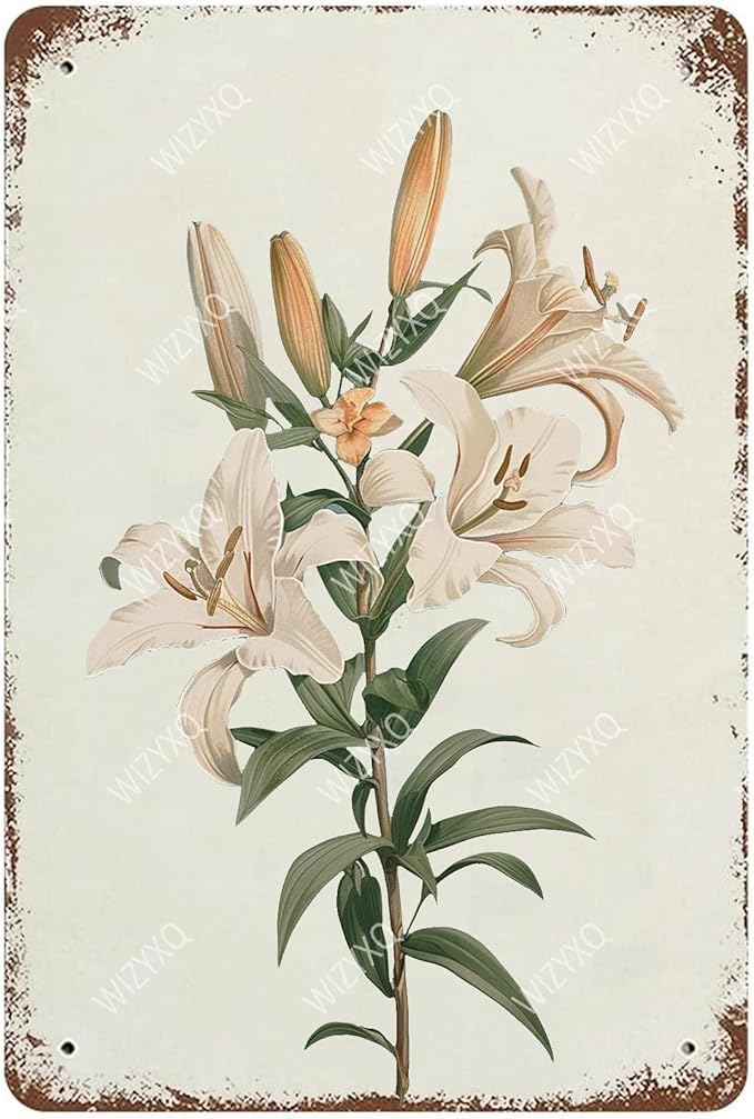 Flowers Metal Signs Lily Sign Vintage Tin Sign Retro Wall Art Decor for Living Room Bedroom Garden Yard Shop Bar 8×12 Inches