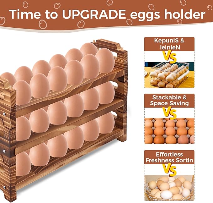 Wooden Egg Holder Countertop, 3 Layer Stackable Fresh Egg Display Storage Rack Organizer Farmhouse Egg Storage Basket with Handles Fits Duck, Turkey, Chicken Eggs