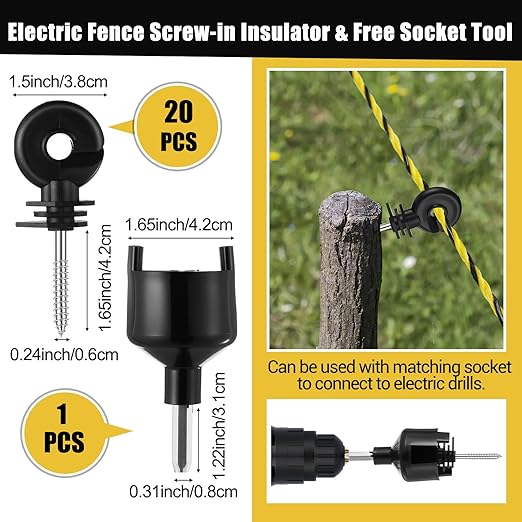 63 Pcs Electric Fence Kit Include 2-Mile Electric Fence 5000v 0.1joule 20 Insulator 1 Socket Tool 200m Polywire 40 T Post Insulators Socket for Predator Protection