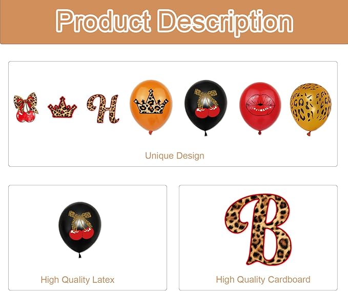 32pcs Cheetah Print Birthday Decorations with Cherry Leopard Bow Red Lips Happy Birthday Banner Balloons Cake Cupcake Topper for Safari Jungle Theme Party Decor Supplies