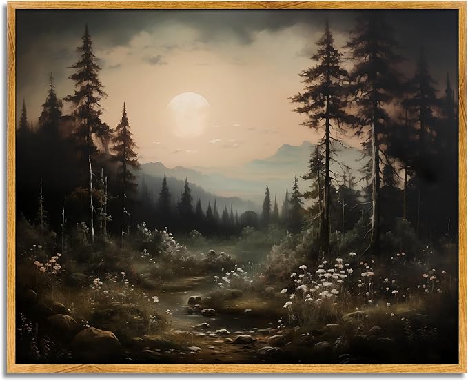 Framed Vintage Moon Poster Rustic Botanical Wall Art Dark Scenery Picture Nature Landscape Prints Vintage Forest Posters Moody Plant Wall Art Full Moon Painting Dark Cottagecore Print 8x10inch