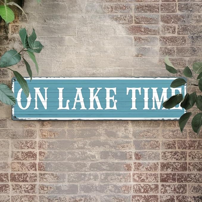 On Lake Time Metal Tin Sign Rustic Lake Decor Wall Hanging Art Vintage Style Wall Decor for Living Room Bedroom Cabin Porch Lake House 4x16 Inch