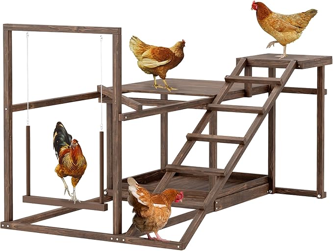 PawHut Wooden Chicken Coop Perches with Swing, Roosting Bars, Activity Play Set, Chicken Coop Accessory Toys for Coop, Coffee