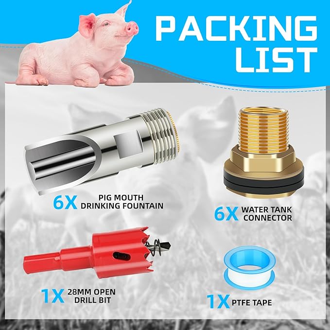 6PCS Pig Waterer Nipple, Automatic Pig Nipple Water Drinker for Barrel Kit, Stainless Steel Hog Water Drinker Feeder with Brass Waterer Tank Connectors Kit for Pig Goats Swine Piglets Drinking