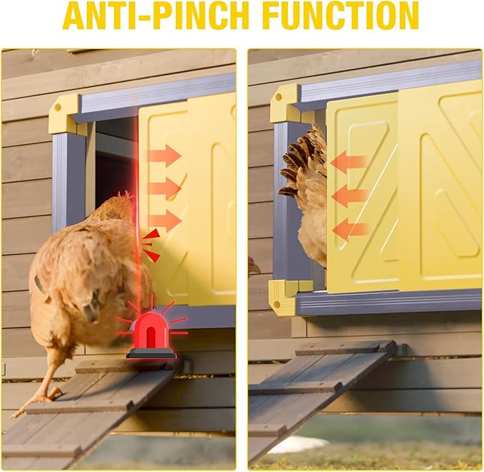 Automatic Chicken Coop Door Powered with Heating, Anti-Pinch Design Solar Chicken Door Opener, Auto Chicken House Run Door with Three Power Supply Modes for Chickens and Ducks (Grey)