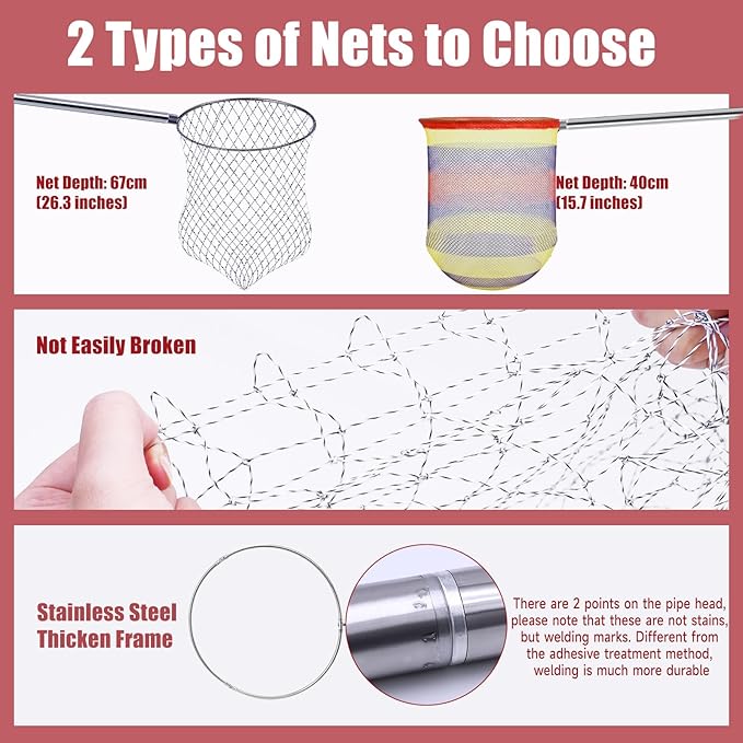 2 Sets Chicken Catching Net with 2 Poles 2 Nets Extra Durable Fishing Net for Adult Poultry Catcher Net Thickened Adjustable Stainless Steel Catching Poles Sets for Chick Goose Ducks Fish Birds