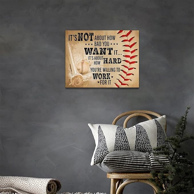 Baseball Wall Art Inspirational Sport Theme Wall Decor Motivational Quotes Pictures Canvas Prints Artwork Baseball Decor For Boys Room Playroom Bedroom Gym Framed 16"x12"