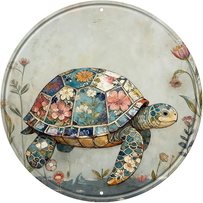 Turtle Round Metal Tin Sign Wreath Farm Flowers Rustic Vintage Wall Art Decor for Farmhouse Garden Backyard Home Outdoor Porch Gate 12x12inch