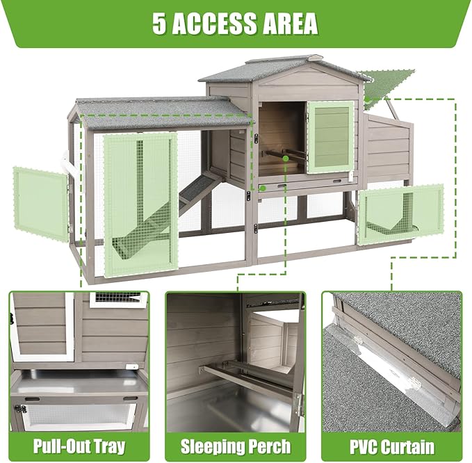 PetsCosset 136" Chicken Coop with Wheels, Backyard Wooden Hen House Outdoor for 1-6 Chickens, 2 Story Poultry Cage Chicken Coop and Run, Nesting Box, Pull Out Trays, Set of Two, (Grey)