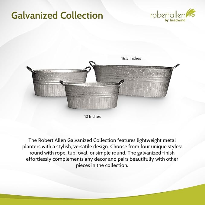 Headwind Decorative Planter - Oval Galvanized Tubs Planter with Handles – 24 Inch Lightweight Steel Indoor Oval Plant Pot with Drainage Holes – Large Galvanized Tub Flower Bucket – Outdoor Planter