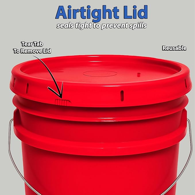 5-Gallon Bucket with Airtight Lid – Made in USA, Food Grade BPA Free Plastic, Heavy Duty Multi-Use, Metal Handle with Grip, Stackable Storage – Red, 3 Pack