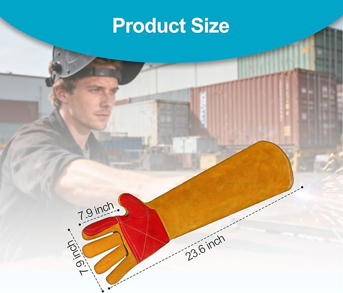 Welding Gloves 23.6" Heat-Resistant Leather, Long Gauntlet Forearm Protection for TIG/MIG, Also for Animal Handling