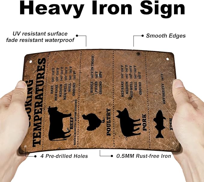 SUPERDANT Cooking Temperature Tin Signs Beef Poultry Pork Fish Funny Metal Sign Poster Kitchen Vintage Wall Art Plaque for Restaurant Cafe Living Room Bedroom Home Dining Room Garage Decoration Gifts