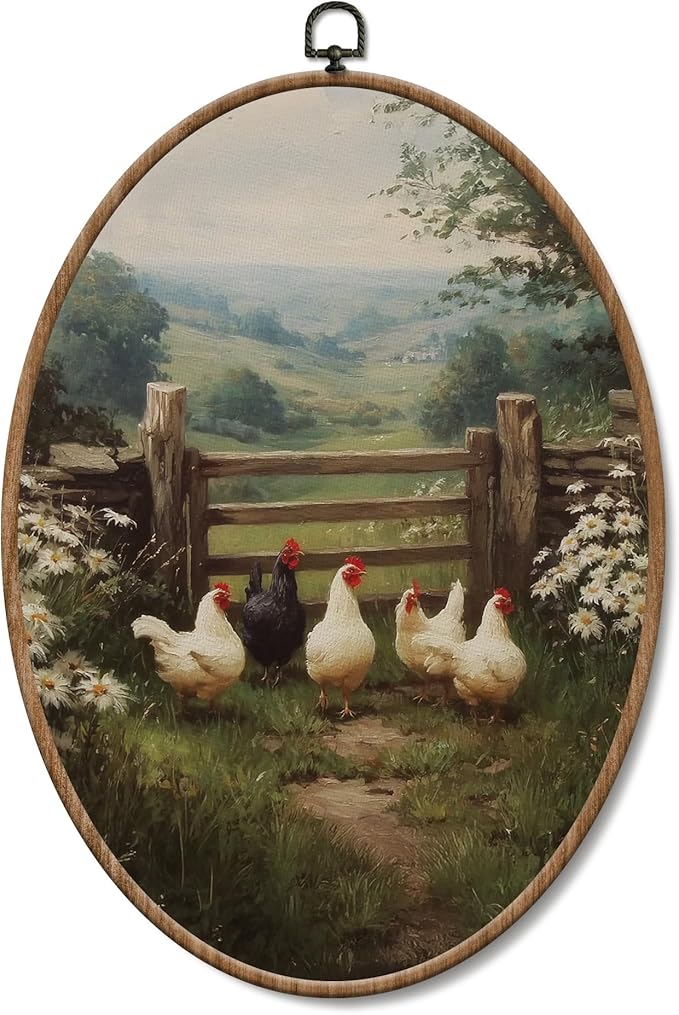 Yorhifa Farmhouse Chicken Framed Wall Art, Rustic Farmhouse Chicken Oval Wall Art, Cottagecore Farmyard Rooster Oval Walls Decor, Countryside Farm Animal Canvas Artwork Hanging Decor, 8.5x11.5in