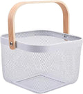 Metal Mesh Wire Basket, Small Steel Basket with Wooden Handle Storage Organizer Basket Multi-functional Hanging Kitchen Baskets Fruit Baskets for Kitchen Bathroom Cabinet Pantry Snacks, White