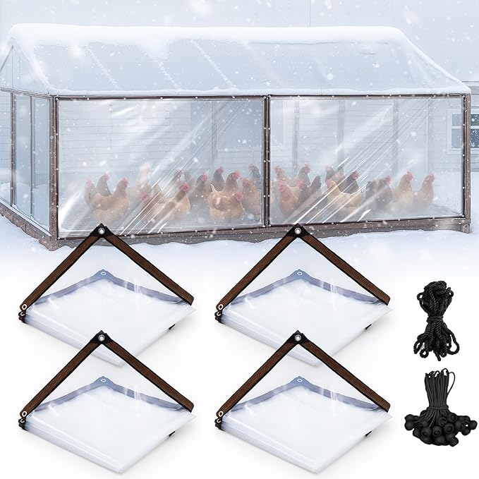 VitalCozy 4 Pcs Chicken Coop Cover 8 x 4 ft Waterproof Clear Tarp Heavy Duty PVC Vinyl Chicken Run Cover Coop Accessories for Outdoor Winter with 50 Pcs Ball Bungees Cords