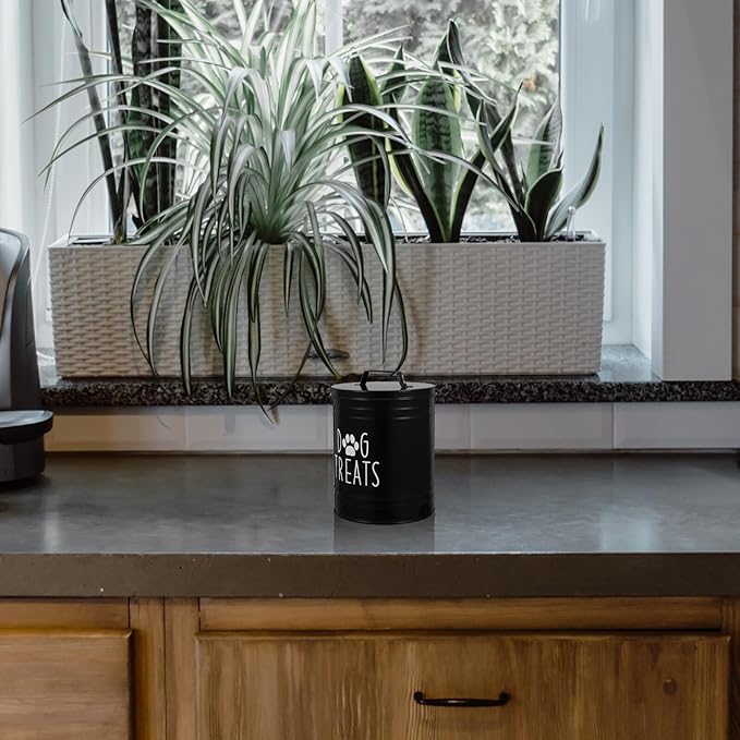 Airtight Large Dog Food Storage Container with Lid, Black Metal Pet Treat Canister for Kitchen Countertop, Sturdy Dry Dog Food and Puppy Grain Storage Bin