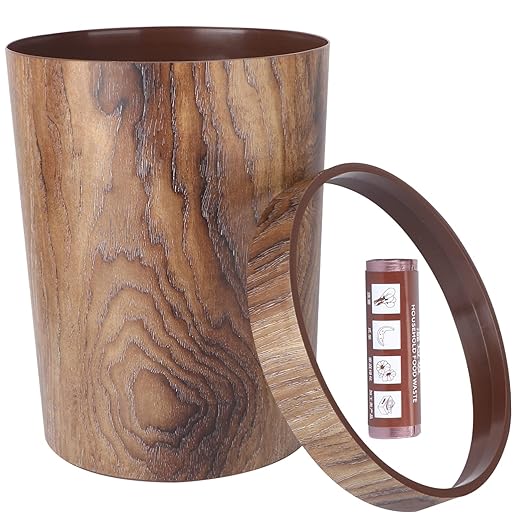 VICASKY Retro Trash Can Ornament Container Metal Storage Baskets Lip Gloss Containers Small Trash Can Rubbish Bin Wood Grain Wastebasket Garbage Bin Living Room Garbage Brown