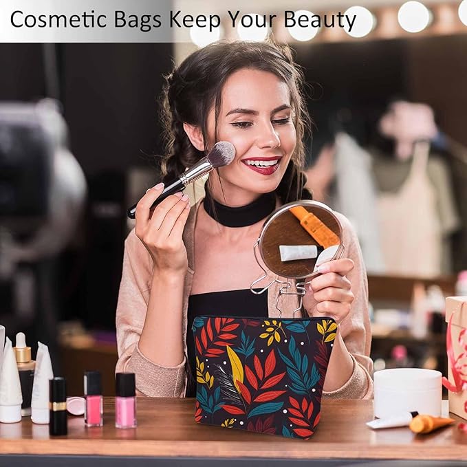 Woman Makeup Bag Tropical Leaves, Colorful Jungle Palm Leaves Makeup Bags Travel Cosmetic Bags Toiletry Makeup Organizer Pencil Pouch Make Up Cosmetic Bag For Owners Lady Birthday Gifts