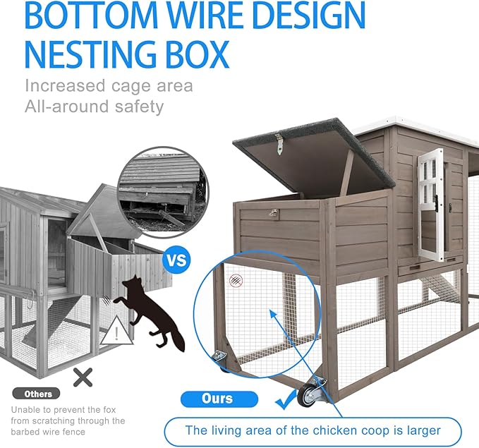 PetsCosset 75" Chicken Coop Backyard with Wheels Nesting Box Waterproof Removable Tray and Ramp Large Hen House for 1-4 Chickens