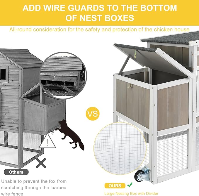 Chicken Coop Mobile Wooden Hen House with Nesting Box,75" L Outdoor Chicken House with Wheels and Removable Tray,Fir Wood Chicken Tractor with 4 Ventilation Door and Ramp,Grey