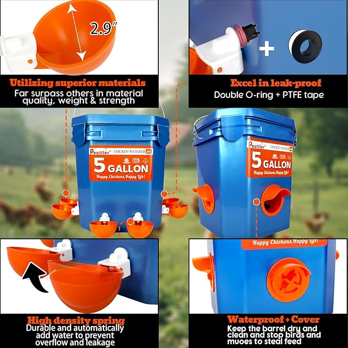 Chick Feeder and Waterer Set Bucket, Automatic Chicken Waterer 5 Gallon, No Waste Poultry Feeding System, Hanging Chicken Feeder Kit with Cups and Ports, Chicken Coop Accessories, 44Pound