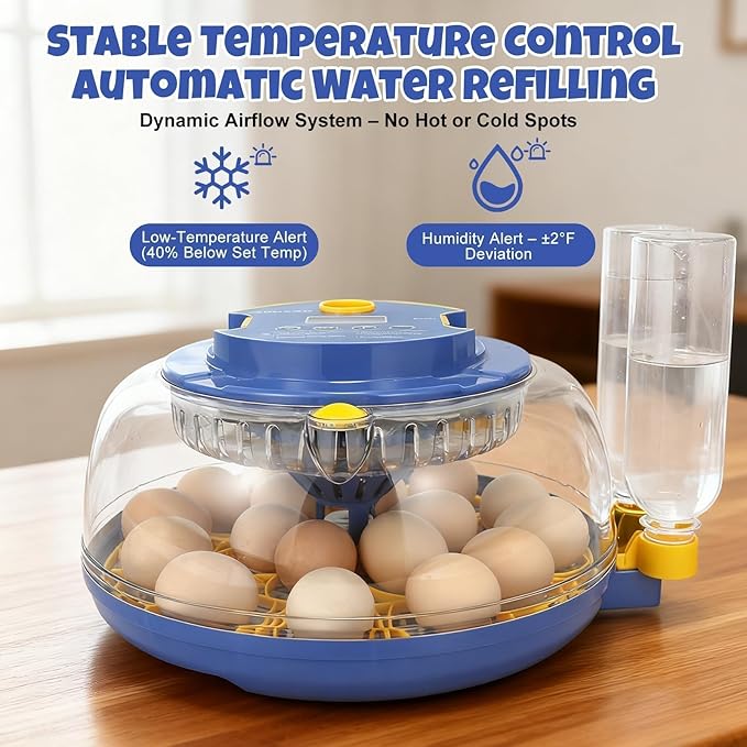 Series III - 18 Egg Smart Automatic Incubator, Full-Stage Adaptive Humidity (Dual-Bottle) & Auto Temp Control, Custom-Interval Auto Egg Turn & Auto Stop, Adjustable Incubation Days, Candler, Alarms