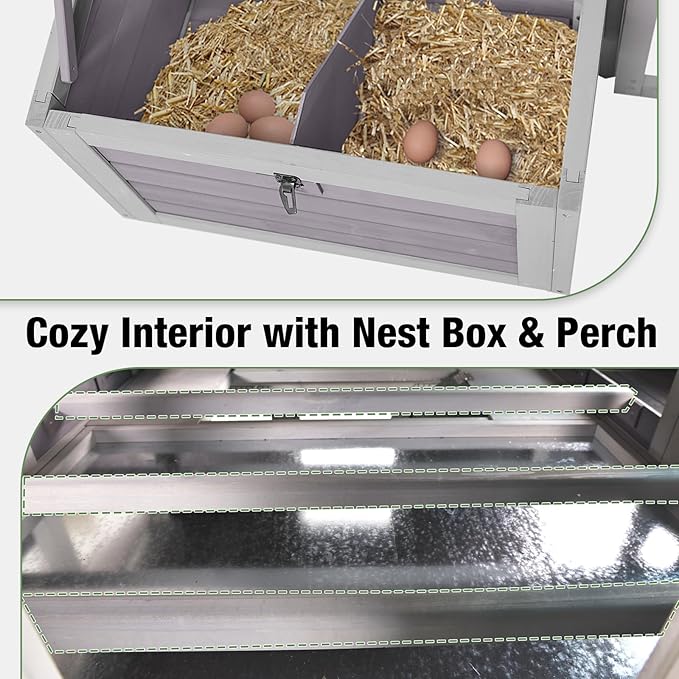 Large Chicken Coop with Unique Folding Design – Easy Assembly, Outdoor Hen House with 2 Nesting Boxes, Leakproof Pull-Out Tray, and UV-Resistant Roof (Grey)