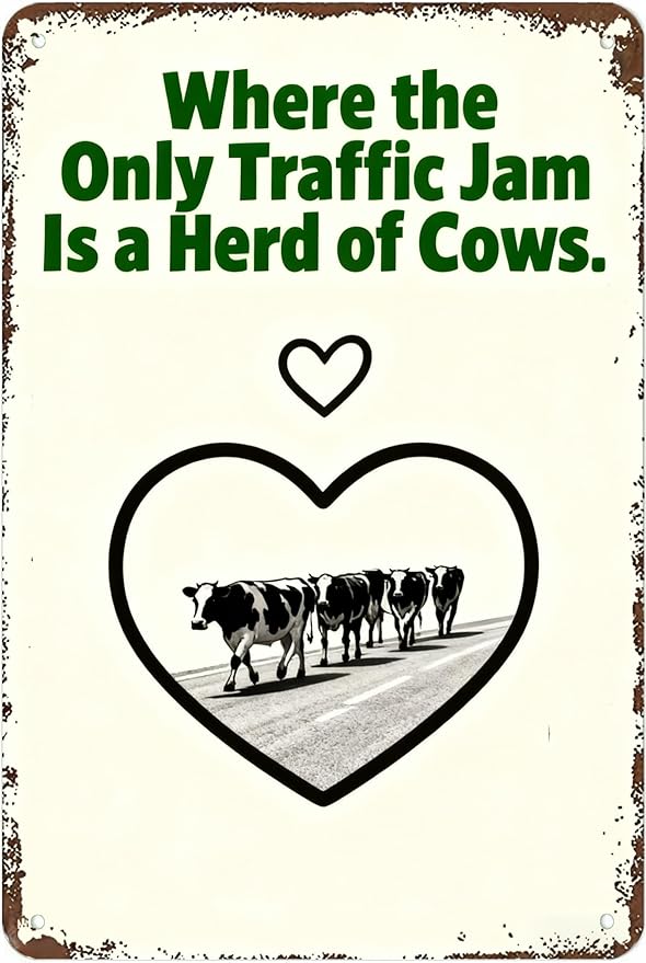Metal Sign Where the Only Traffic Jam Is a Herd of Cows. Tin Sign Decor Retro Wall Decor For Home Coffee Bar Funny Aluminum Sign 8x12 inch