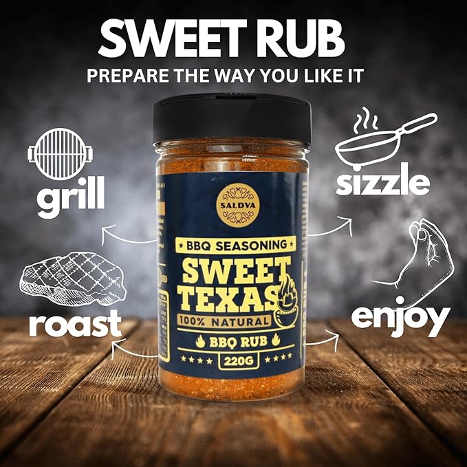 Sweet Texas BBQ Rub - 100% Natural Seasoning - Delightful Sweet Seasoning with Authentic Texas Kick for Amazing BBQ and Grill Dishes- Large Jar (220g)